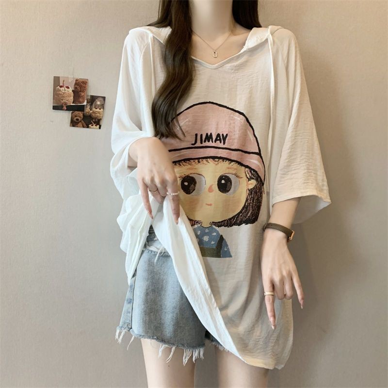 เสื้อผ้าผู้หญิงขนาดบวกคลุมด้วยผ้าแขนสั้นเสื้อยืดผู้หญิงฤดูร้อนสไตล์ใหม่หลวม ผอมลง ดูสาวน้อยพิมพ์