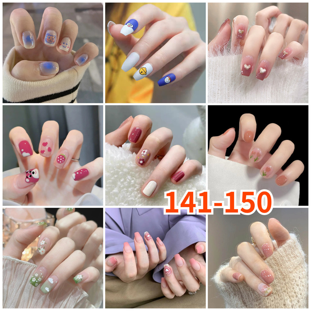 เล็บปลอมกดสั้นบนเล็บพื้นผิวเล็บเต็มปกพร้อมกาวฟรี141-150