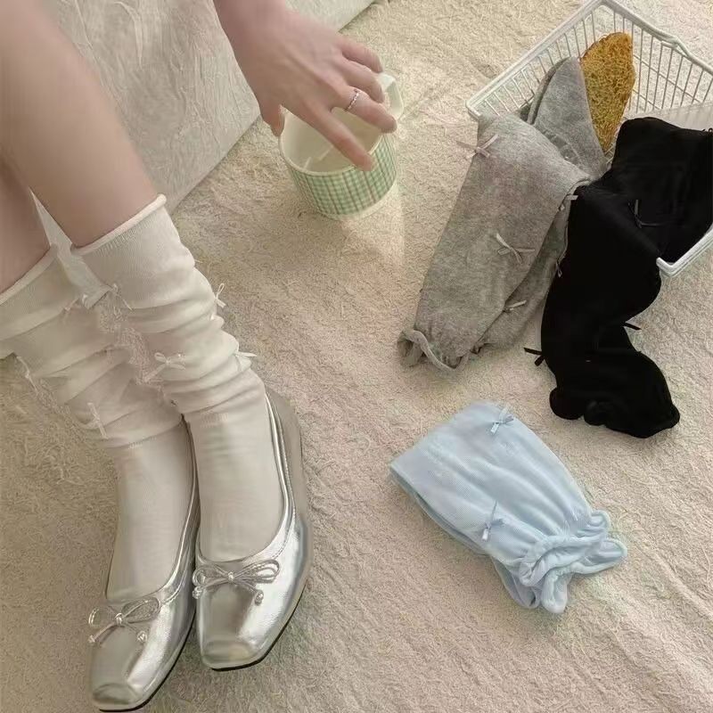สไตล์บัลเล่ต์ Bowknot jk Lolita ถุงเท้าผู้หญิง Over-the-Knee สีขาวฤดูร้อน Anti-slip ถุงเท้ากองลูกวัวถุงเท้าไม่มีกระดูก