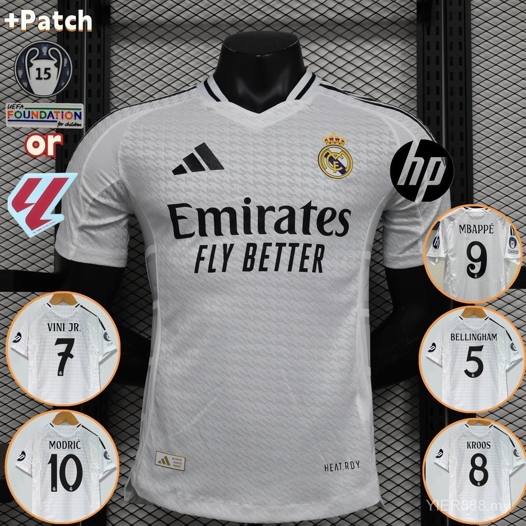 24/25 Player Edition | เสื้อฟุตบอลที่ปรับแต่งได้ Real Madrid Home | ยูฟ่าแชมเปียนส์ลีก | สเปนฟุตบอล Bundesliga # 5 Bellingham # 10 Modric # 9 Mbappe#7Vinin จูเนียร์#8Kroos