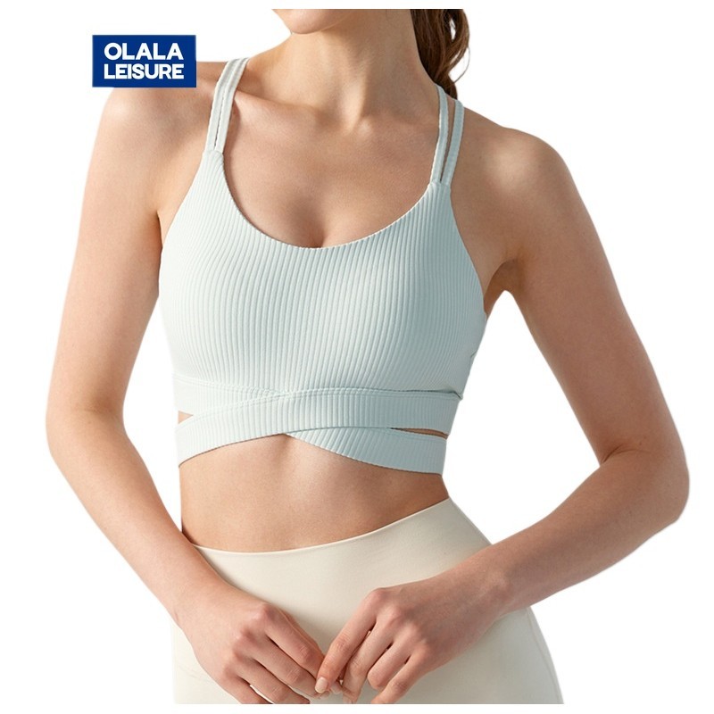 Yoga Sports Bra Fixed Pads Cross Back Ribbed Good Support
