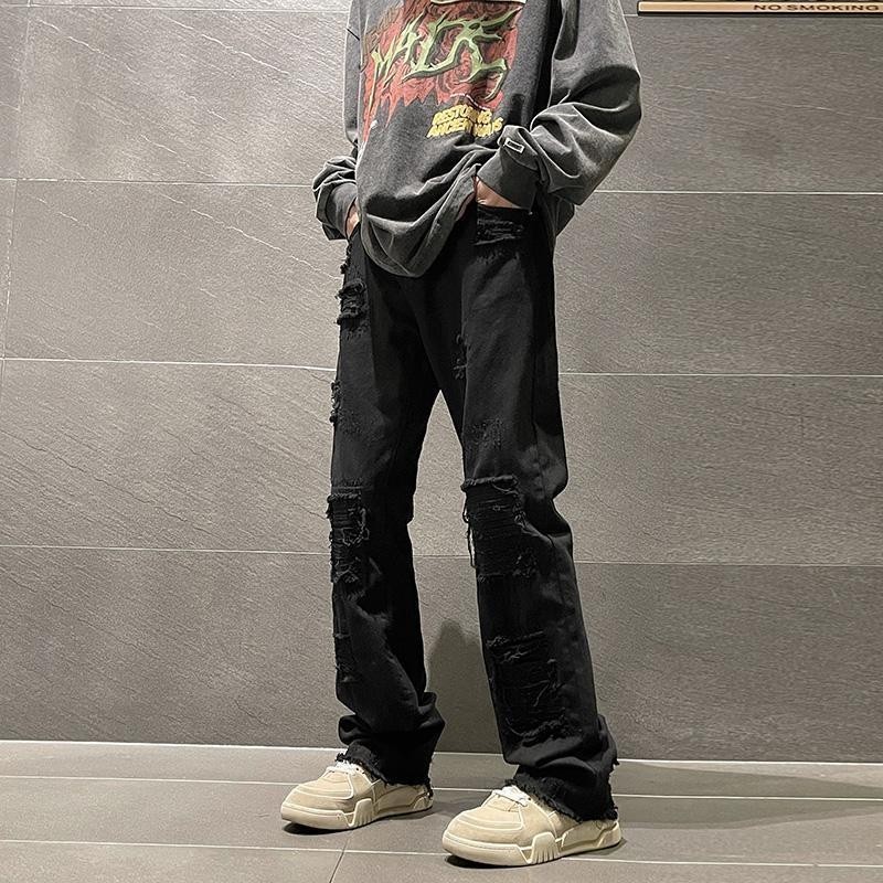 ยุโรปอเมริกัน High Street vibe กางเกง American Street กางเกงยีนส์สีดําบริสุทธิ์ผู้ชายฤดูใบไม้ผลิฤดูร