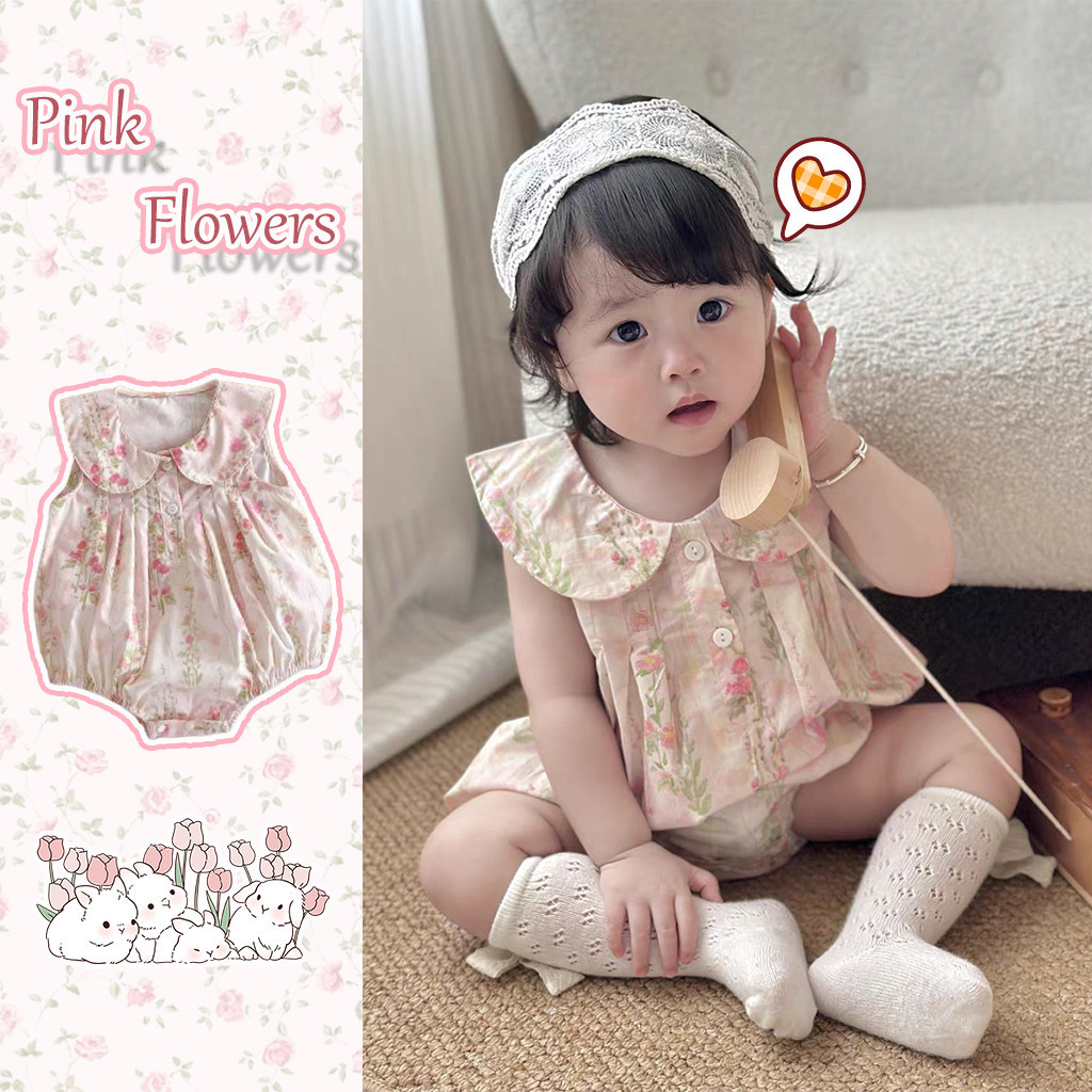Ins ฤดูร้อนเด็กทารกชุดบอดี้สูทเด็กน่ารักสีชมพู Rose รูปแบบ Breathable แขนกุด Jumpsuit ทารกแรกเกิด Romper เสื้อผ้าเด็ก 0-24 เดือน