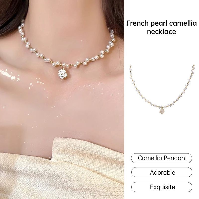 bessla.thFrench Style Pearl Camellia สร้อยคอผู้หญิง High-end Collarbone Chain อเนกประสงค์อินเทรนด์ NecklaceCOD
