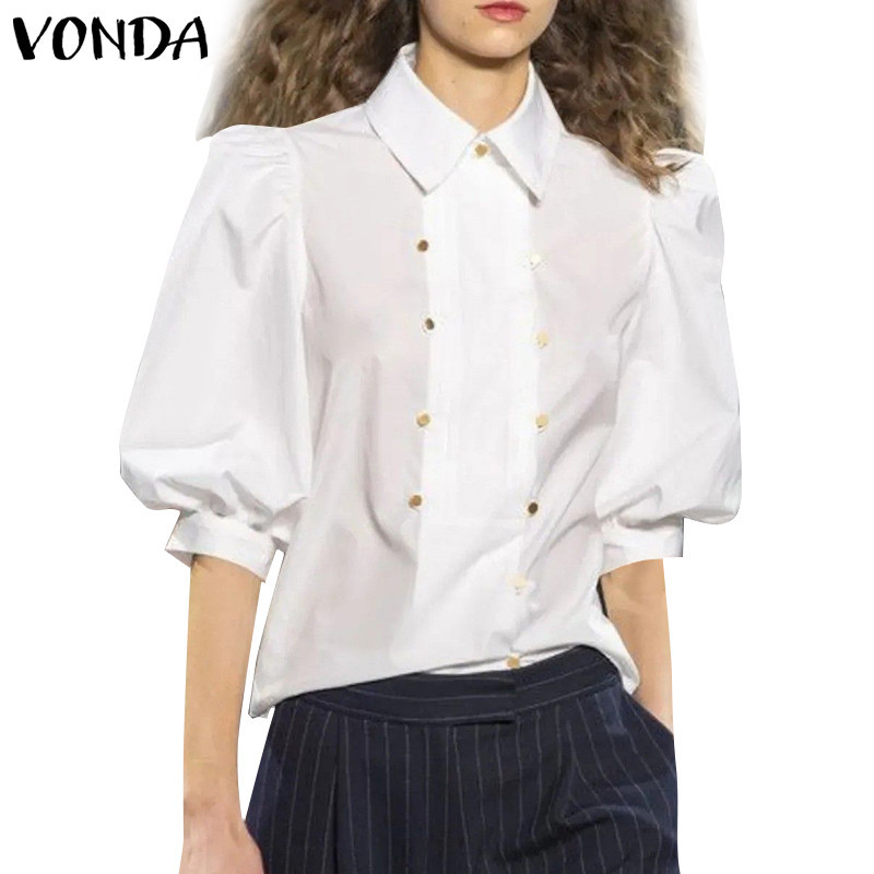 Vonda ผู้หญิงวินเทจลําลองพัฟแขนเสื้อปุ่มแฟชั่นสีทึบเสื้อ