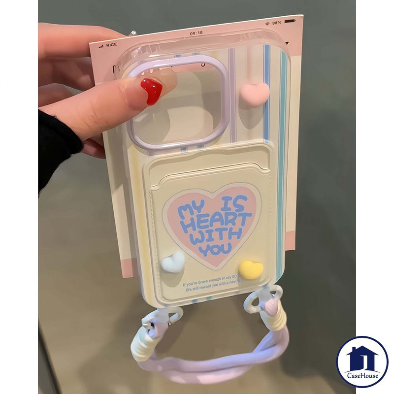 เคสใส่บัตรลายหัวใจน่ารักน่ารักพร้อมสายคล้องเข้ากันได้กับ IPhone 17 air 7 Plus 16 12 14 15 11 13 Pro Max XR 14 15 13 Pro