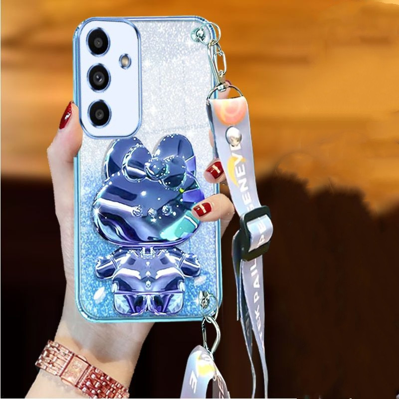 เคส Samsung Galaxy A15 A25 A35 A55 A54 A34 A24 A23 A22 A12 A22 A52 A52S A72 4G 5G สายรัดข้อมือยาวสไตล์กระต่ายเครื่องสําอางที่วางยึดกระจกหรูหราเคสโทรศัพท์ tpu นุ่มฝาหลัง