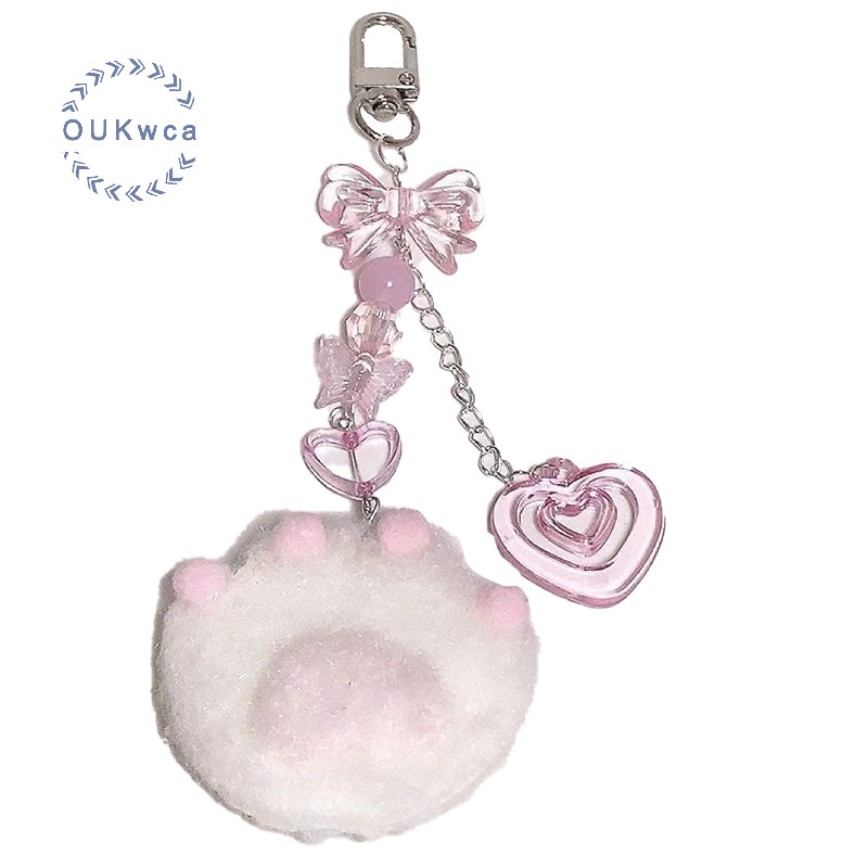Oukwca Y2K น่ารักสีชมพูตุ๊กตาแมว Claws พวงกุญแจ Love Heart พวงกุญแจหวาน Girly ผู้ถือกุญแจสําหรับสาวกระเป๋าจี้หูฟัง Charm ใหม่
