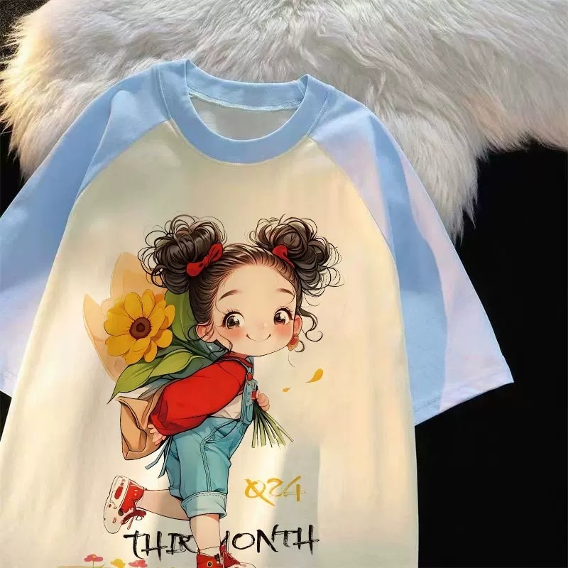 PolyesterSummer ใหม่แฟชั่น Patchwork เสื้อยืดแขนสั้นสําหรับผู้หญิงลําลองหลวมอเนกประสงค์รอบคอเสื้อผ้า