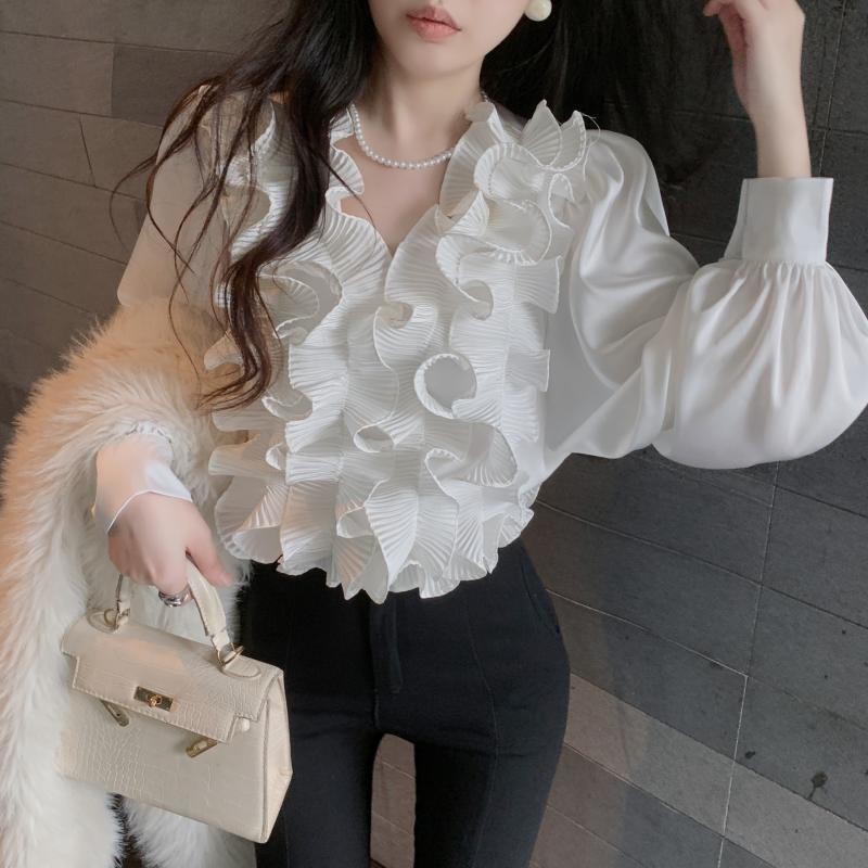 Design Sense Ruffled Top Unique Base French Chic Short Autumn and Winter Inner High-EndVCollar Blouse