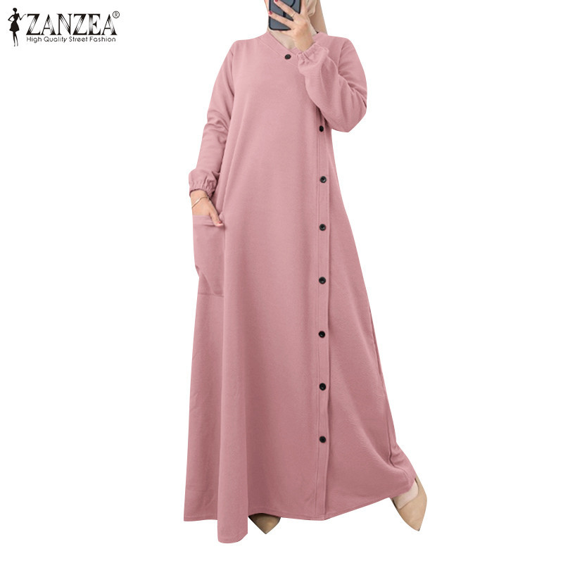 Zanzea ชุดเดรสคอวีแฟชั่นมุสลิมสําหรับผู้หญิงสีพื้นกระเป๋ากระดุมแถวเดียว