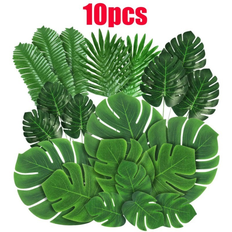 10pcs Tropical ปาล์มใบฤดูร้อน Monstera ผ้าไหมเทียมเต่าใบสําหรับบ้านฮาวาย Luau Beach งานแต่งงาน Party Decor