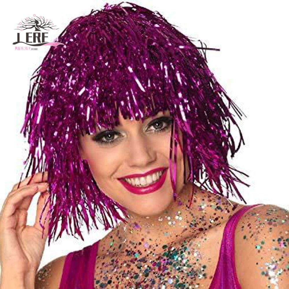 Jeremy1 วิกผมฟอยล์ Tinsel, วิกผมสีฮาโลวีนแวววาวตลก, คอสเพลย์โลหะชุดแฟนซีเงาวิกผมปาร์ตี้