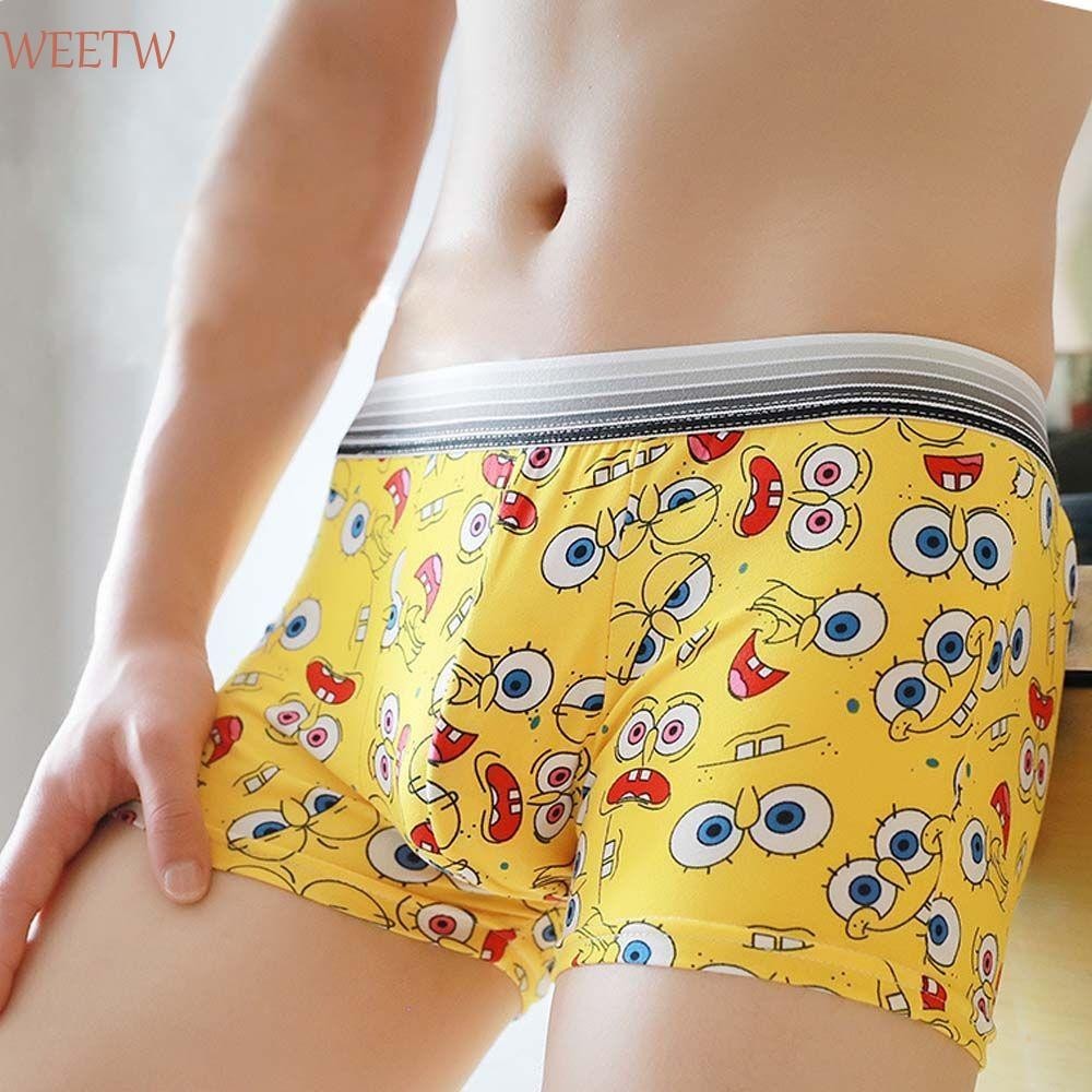 Weekw ผู้ชายชุดชั้นในกีฬาสบายผ้าฝ้ายเป้ากลางเอว SpongeBob กางเกงสแควร์ Doraemon กางเกงไม่มีรอยต่อ