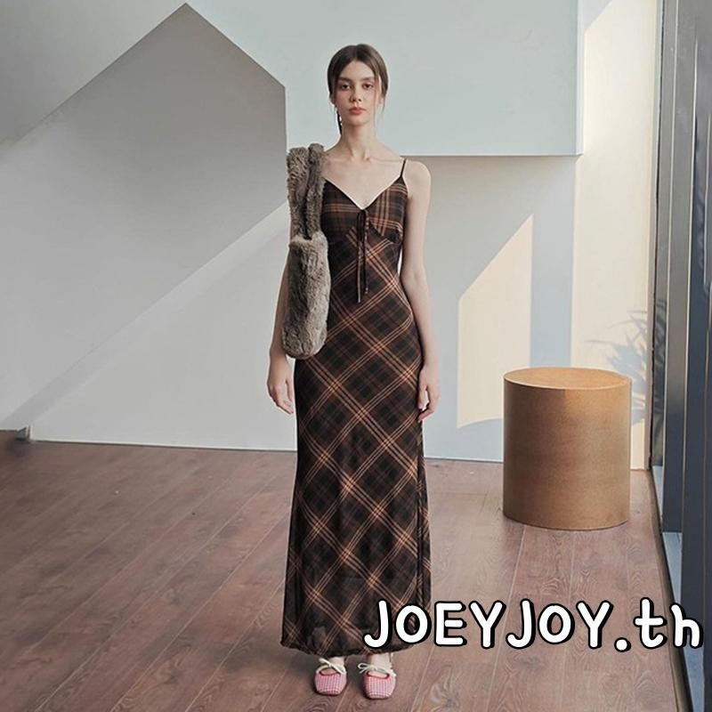 Joeyjoy-ชุดเดรสยาวรัดรูปคอวีแขนกุดลายสก็อตสำหรับผู้หญิง