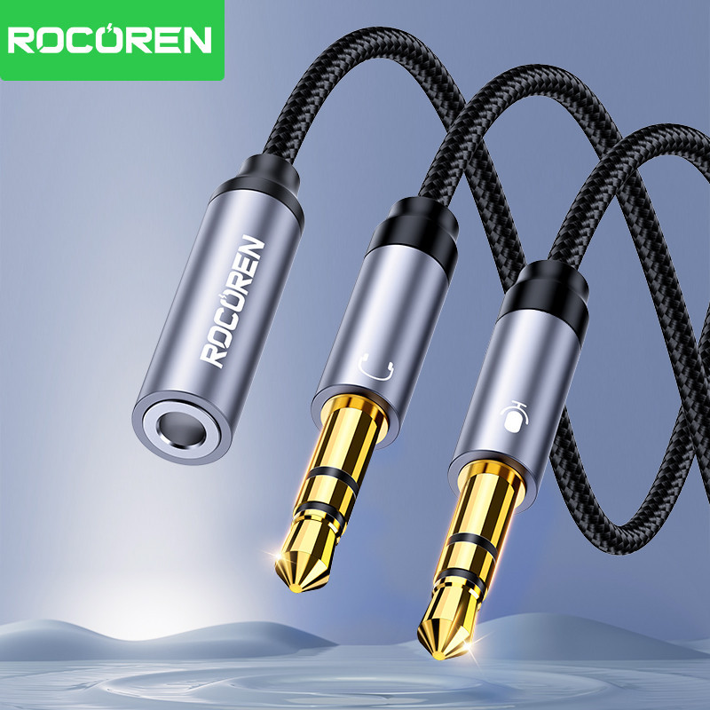 Rcoren สายสัญญาณเสียงไฮไฟ 3.5 มม. 2 IN 1 ชาย 2 พอร์ตหญิง Aux อะแดปเตอร์สายไมค์เสียง Y Splitter ลวดผ้าถักแจ็คเก็ตชุดหูฟังสําหรับ PC