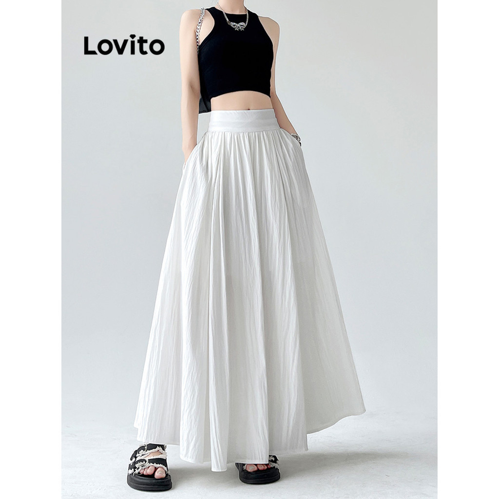 Lovito กระโปรงผู้หญิง จับจีบเดรป สีพื้น สไตล์ลำลอง LNM66100