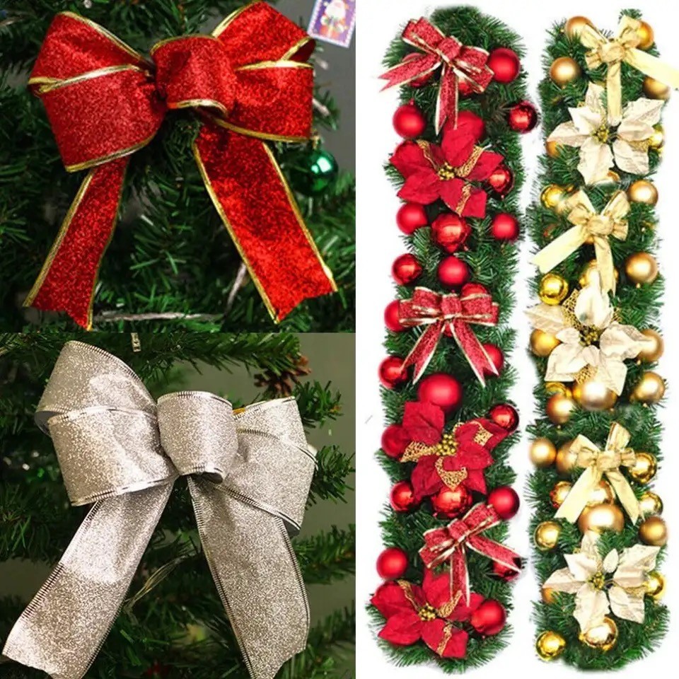 24 ซม.Glitter Christmas Tree Bowsพวงหรีดคริสต์มาสริบบิ้นโบว์เครื่องประดับปีใหม่คริสต์มาส Holiday Party Big Bowknot