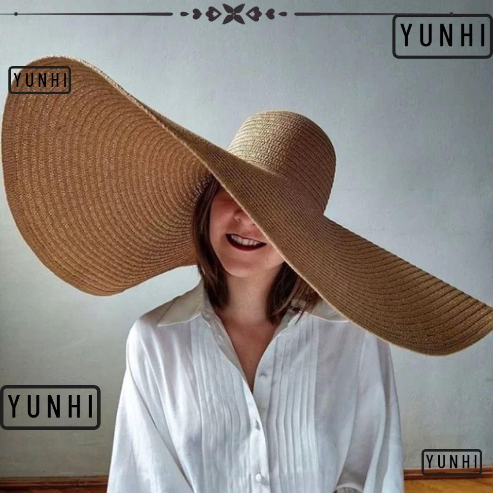Yunhi หมวกกันแดดปีกกว้างขนาดใหญ่,หมวกชายหาดขนาดใหญ่แบบพับได้ 70 ซม., หมวกฟางสําหรับเดินทางป้องกันรังสียูวีฟางคุณภาพสูง