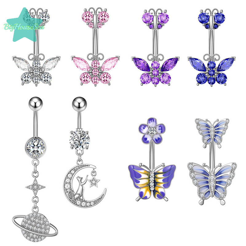 [BigHouseSea] 1 ชิ้นผีเสื้อปุ่มท้องแหวน Star คริสตัลเพทายแหวนสะดือ Belly Body เครื่องประดับ Dangled Drop ใหม่