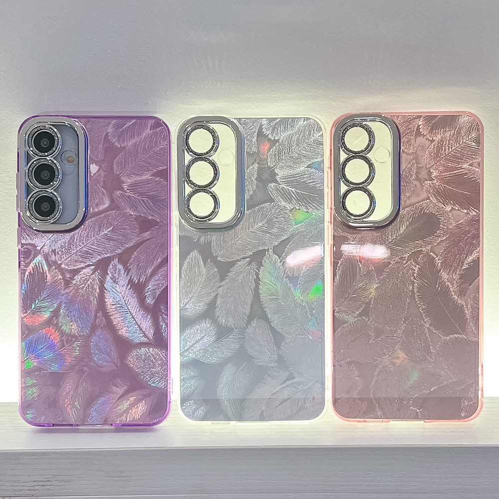 Glitter เลนส์กล้องป้องกัน IMD เลเซอร์เปลี่ยนสี Feather รูปแบบสําหรับ Samsung A55 A35 A25 A15 A54 5G
