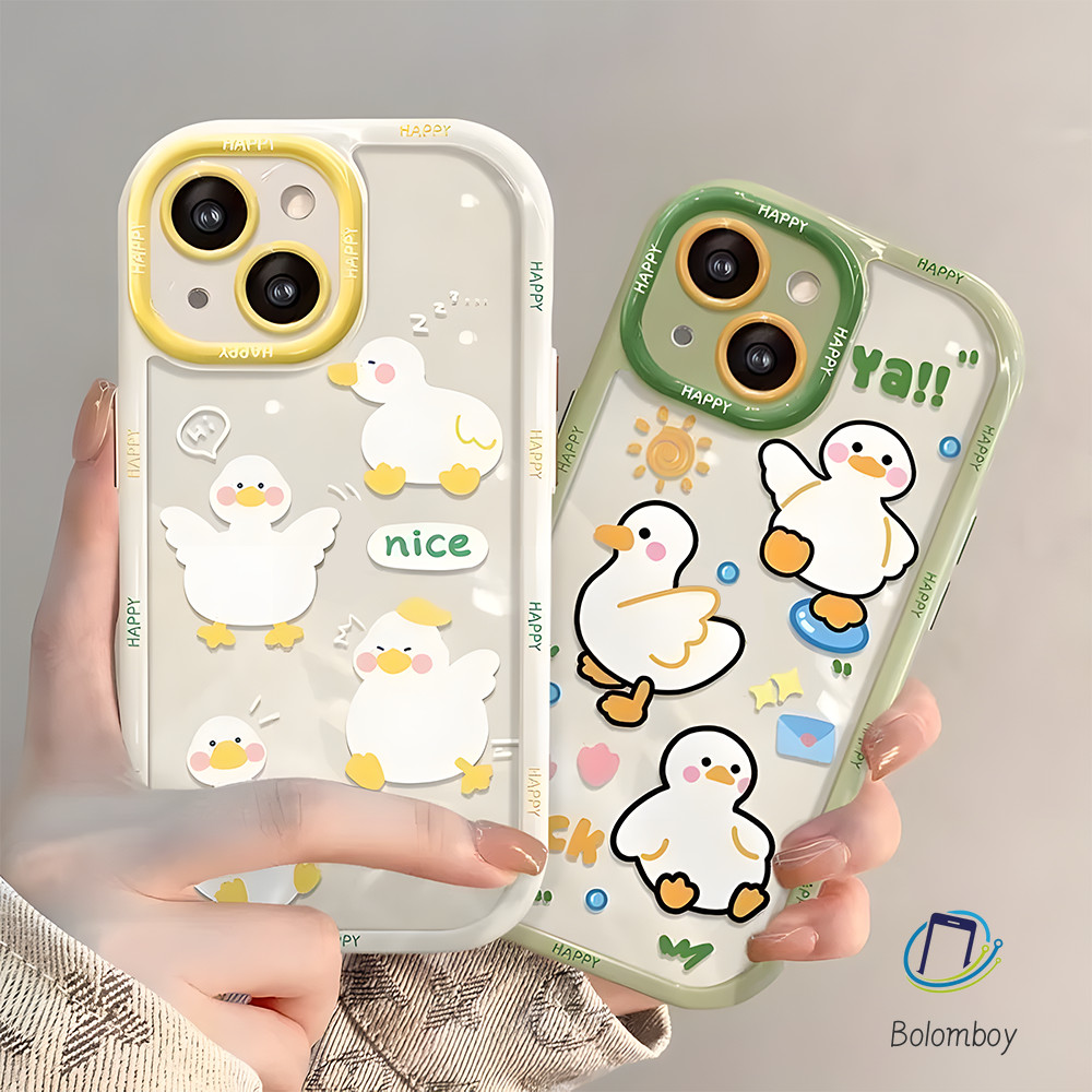 เคส For iPhone 11 15 12 13 14 16 pro max 7 8 plus X XR XS Max พร้อมสร้อยข้อมือ ป้องกันกล้อง เรียบง่ายและน่ารัก เป็ดน้อย