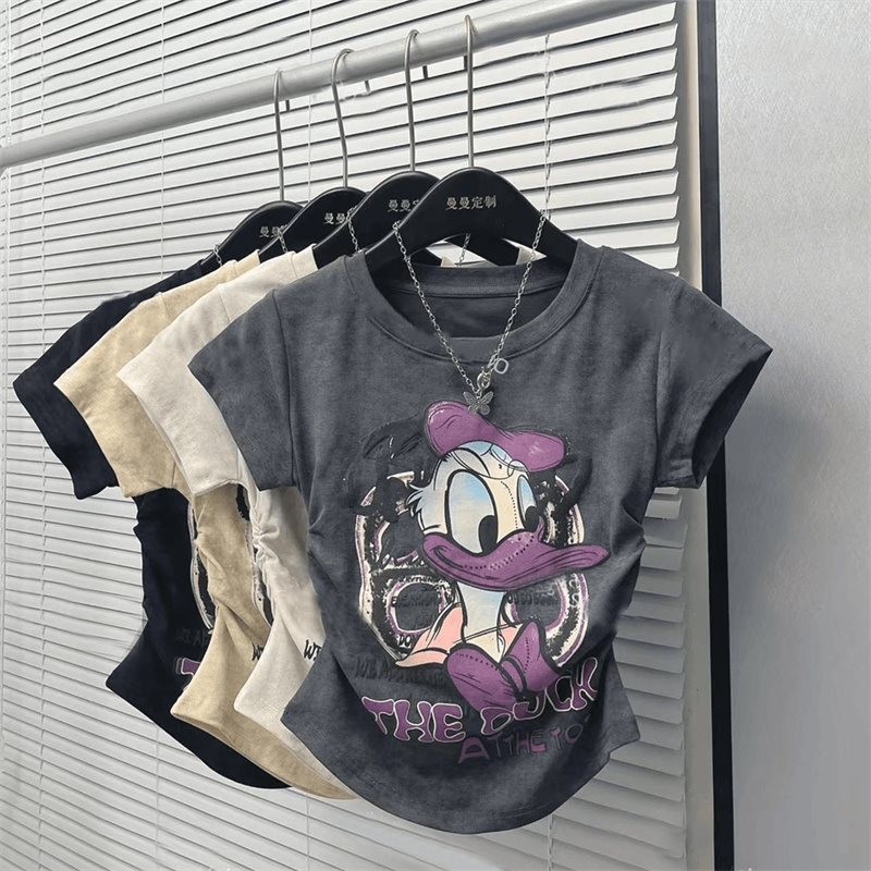 เสื้อยืดแขนสั้นพิมพ์ลายการ์ตูนสําหรับผู้หญิงฤดูร้อน
