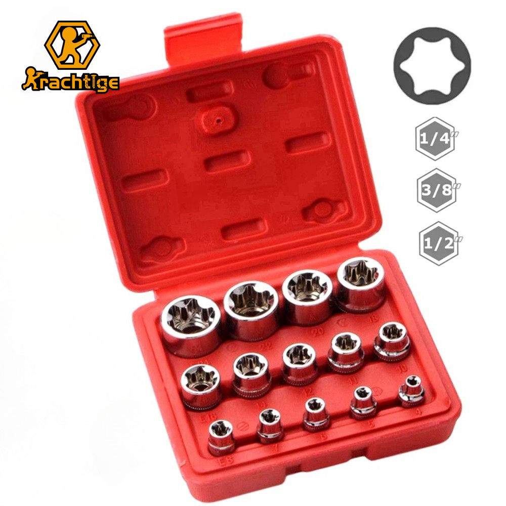 14 ชิ้น E Torx Star หญิงบิตซ็อกเก็ตชุด 1/2 "3/8 "1/4 "ไดรฟ์ซ่อมเครื่องมือ E4-E24 มือเครื่องมือซ็อกเก็ตประแจชุด
