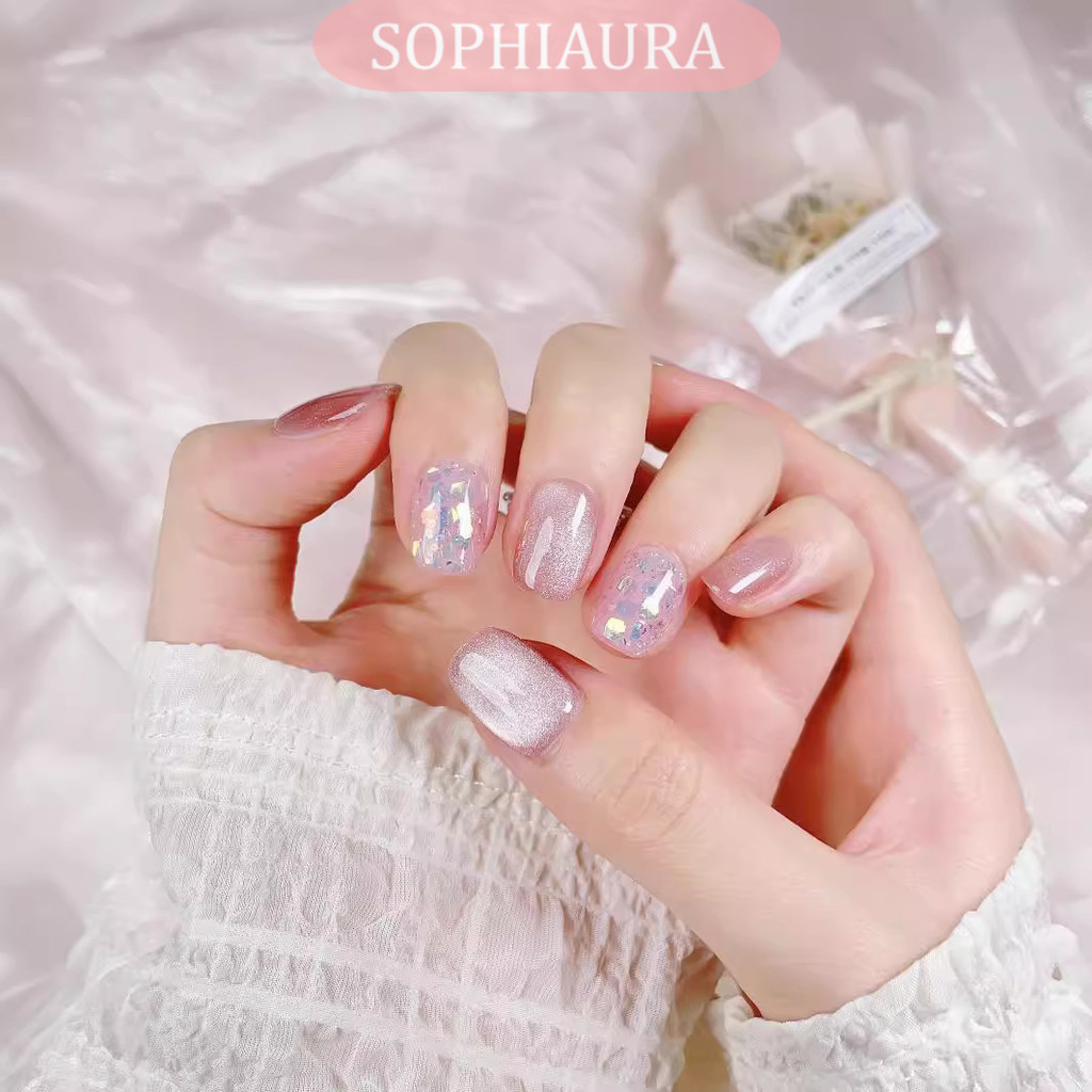 Sophiaura เล็บทําด้วยมือสีชมพู Cat Eye Super สั้นสแควร์รอบธรรมดาออกแบบ Glitter Shiny หรูหราเล็บปลอมนํากลับมาใช้ใหม่ทําด้วยมือกดบนเล็บเล็บ Art