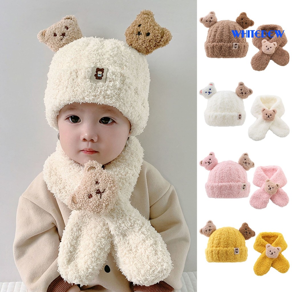 WHT-เด็กฤดูหนาวหมวกผ้าพันคอชุดกล่องหมีตกแต่งหนานุ่มPlushเย็นทนถักUnisexคอห่อเด็กฤดูหนาวอุปกรณ์เสริม