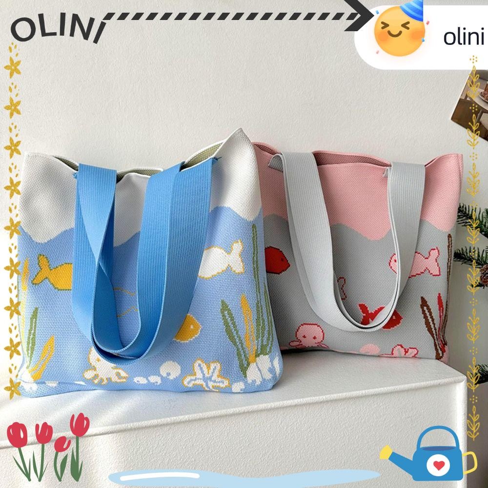 Olini Tote Bags, กระเป๋าสะพายลายการ์ตูนปลาหมึกยักษ์แบบใช้ซ้ําได้, กระเป๋าถือความจุขนาดใหญ่แบบถักน่ารักผู้หญิงเด็กผู้หญิง