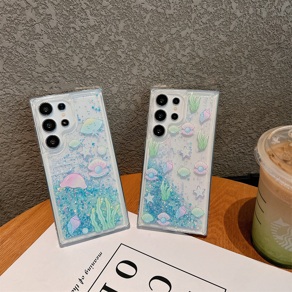 สําหรับ Samsung S25 Ultra S23 FE S22 Plus หมายเหตุ 20 การ์ตูนแมงกะพรุนลาย Luminous Glitter Liquid Soft Case Cover