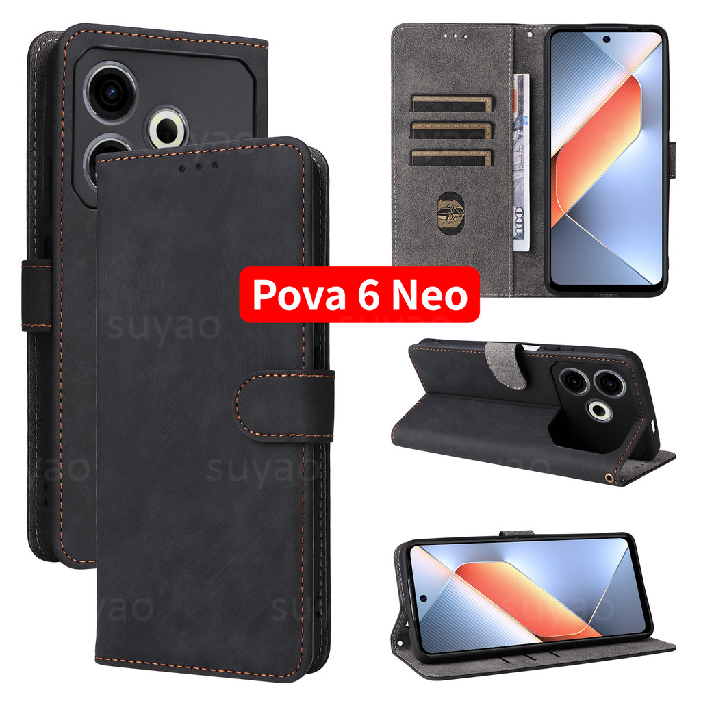 สําหรับ Tecno Pova 6 Neo 6Neo 5 Pro เคสโทรศัพท์พลิกซิปกระเป๋าสตางค์หนังช่องใส่การ์ด Pova6 Pova6Neo Pova5 กันกระแทกหรูหรา Lanyard ปลอกปลอดภัย RFID Stand Holder แฟชั่นปกหลัง