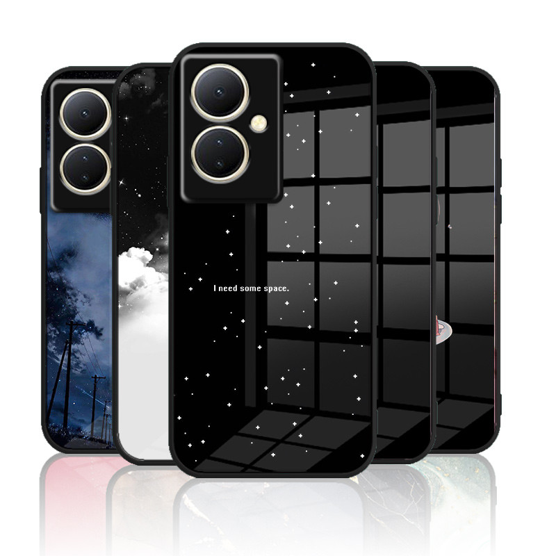 เคสกระจก Vivo V29 lite 5g / Y78 5g เคสกระจกนิรภัยฝาหลังแบบแข็งขอบซิลิคอนอ่อน