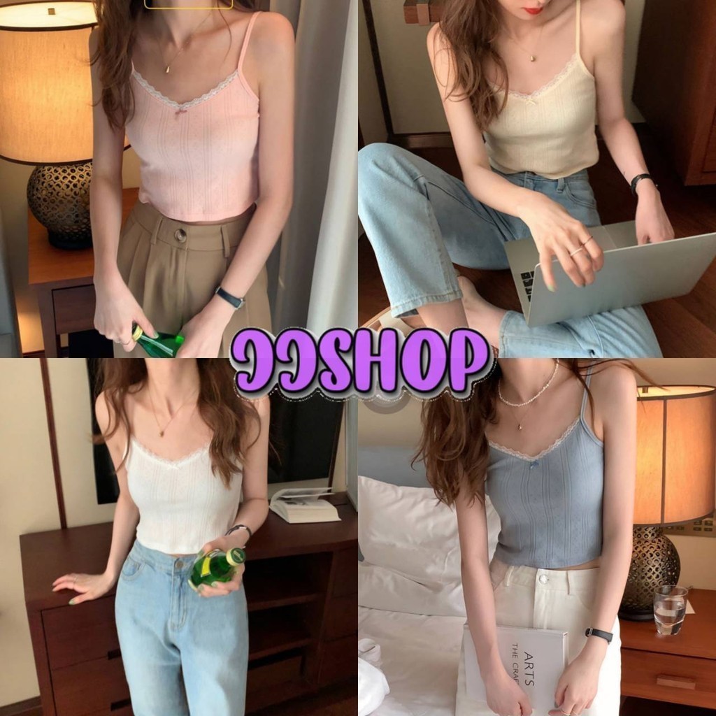 Evelyn สายเดี่ยว มีรฟองน้ำ เซ็กซี่ ดีเทลสีพาสเทล ผ้าร่องติดโบว์ เสื้อกล้ามผู้หญิง สไตลเกาหลี ใส่สบาย#FY1042-P