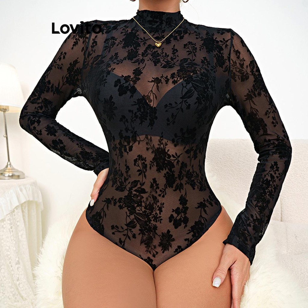 Lovito บอดี้สูงผู้หญิง ผ้าซีทรู สีพื้น สไตล์เซ็กซซี่ LNL64137
