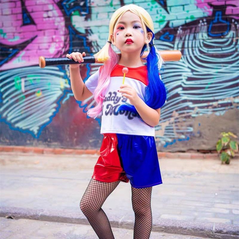 Harley Quinn Harley Quinn cos เครื่องแต่งกายเครื่องแต่งกายฮาโลวีนเด็กผู้หญิงเครื่องแต่งกายพ่อแม่และล