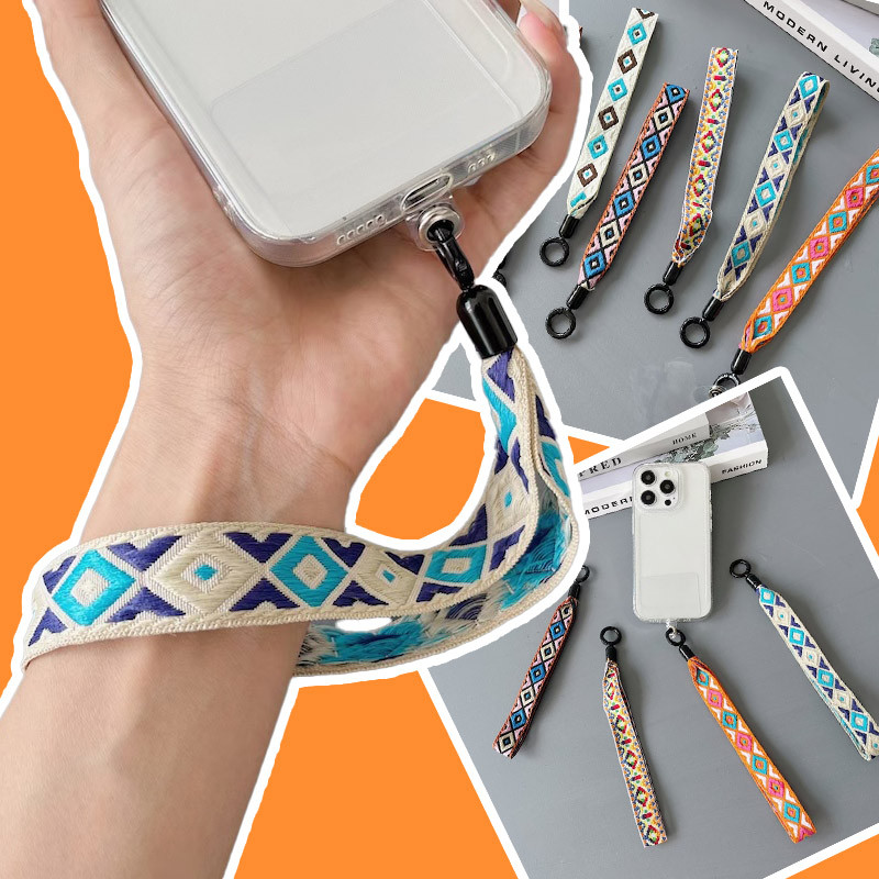 Retro Rhombus สร้อยข้อมือสายคล้องสําหรับโทรศัพท์ Lanyard สายคล้องแขวนแหวนโซ่พร้อม Patch สายรัดข้อมือที่วางโทรศัพท์เชือกที่ถอดออกได้