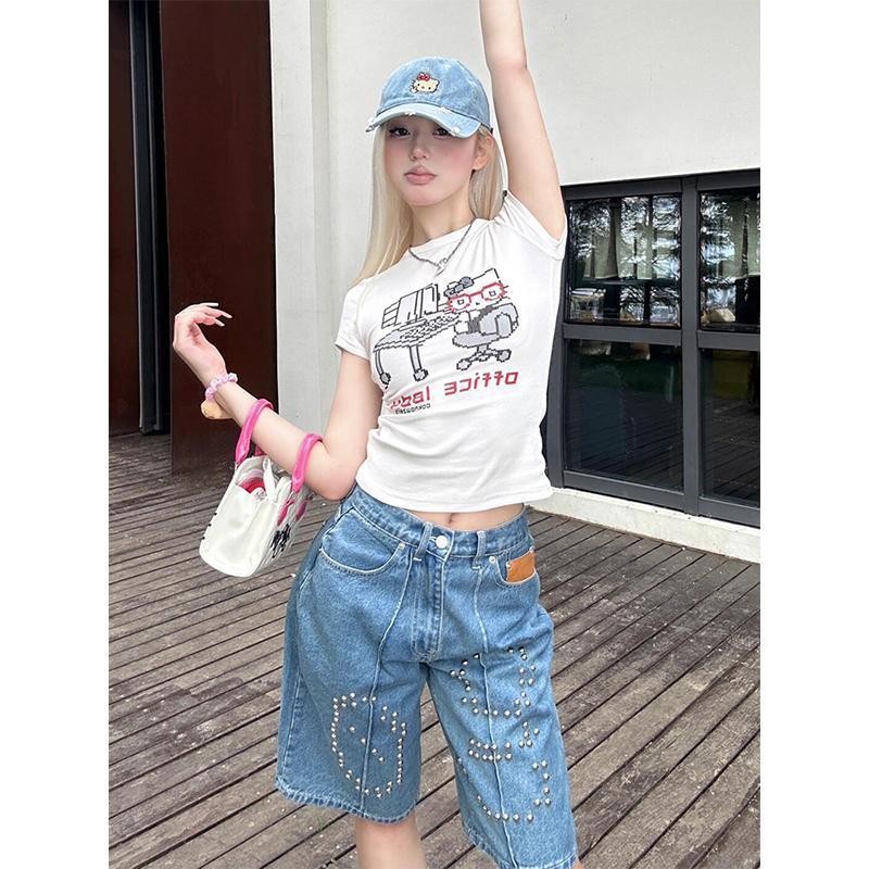 （ จัดส่งตลอด 24 ชั่วโมง ）Kelly Kitty shop เสื้อยืดผู้หญิงเกาหลีลายการ์ตูนแมวน่ารักพิมพ์ผ้าฝ้าย 100% เสื้อผ้าแฟชั่นสตรี