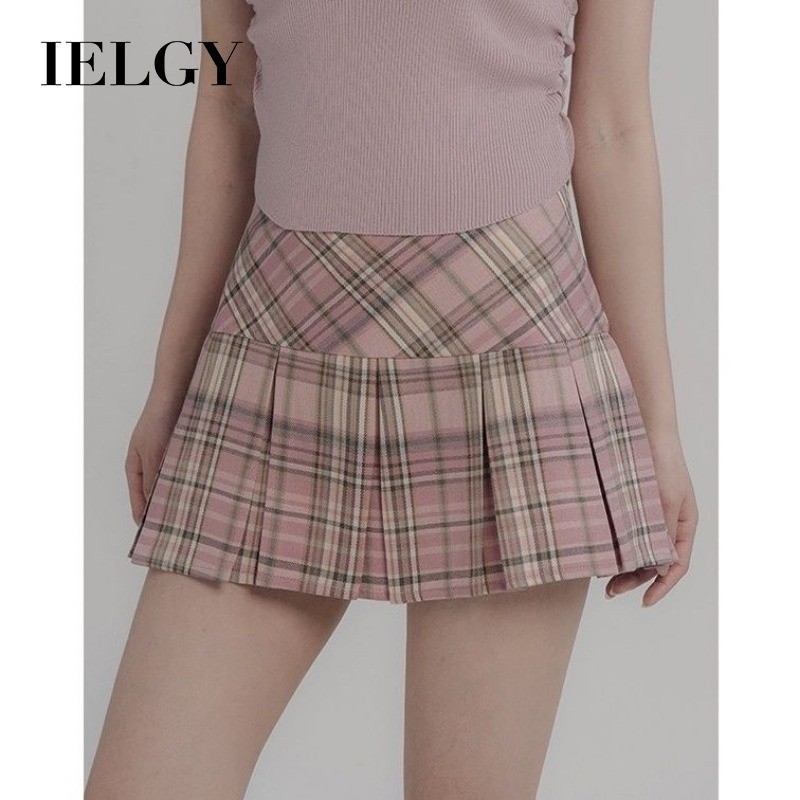 IELGY กระโปรงจีบลายสก๊อตเอวสูงผู้หญิงกระโปรงสั้นป้องกันการสัมผัส
