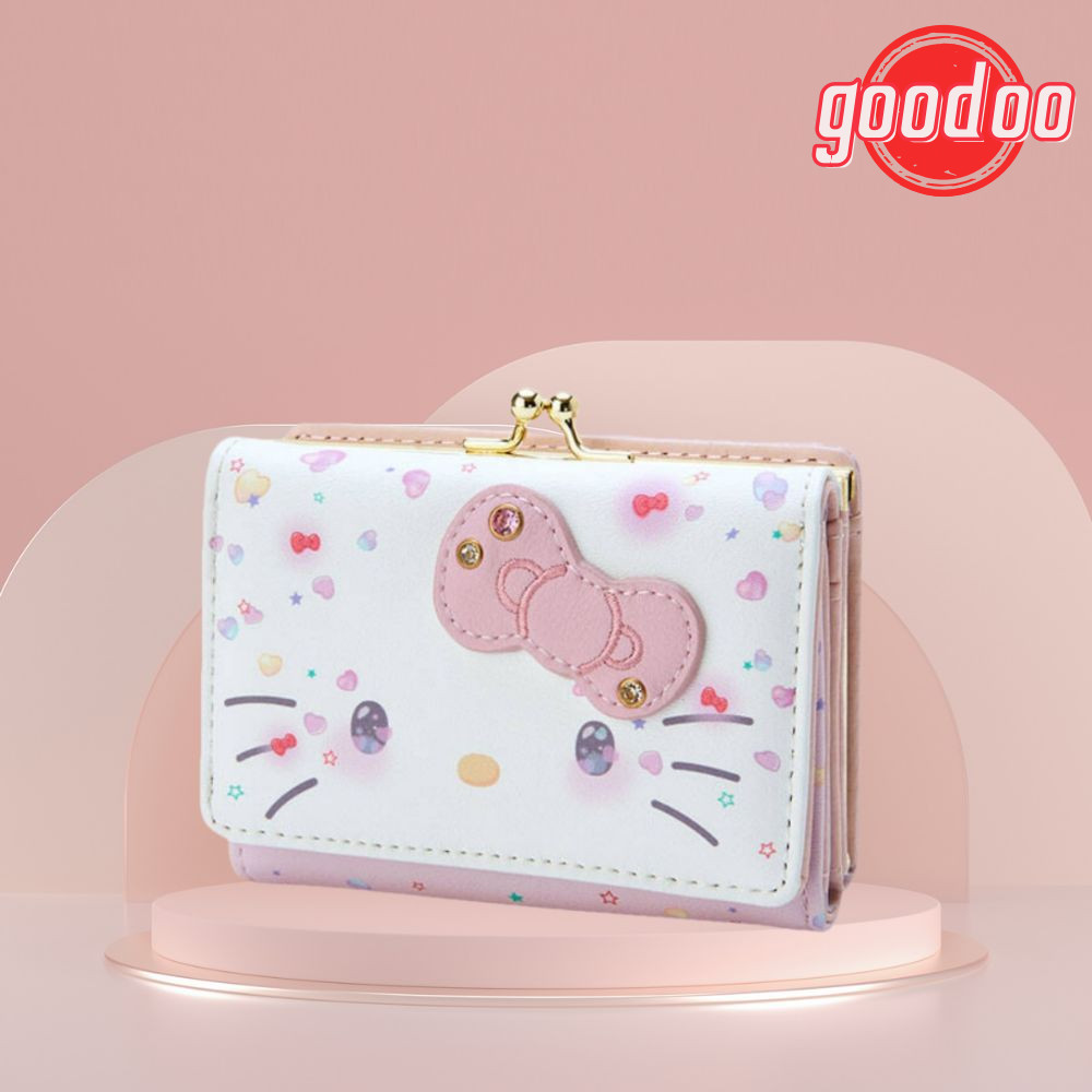 [GOODO] กระเป๋า Sanrio Hello Kitty, ของขวัญวันเกิด Kawaii กระเป๋าสตางค์หนัง PU, กระเป๋าการ์ดพับแฟชั่นลําลองน่ารัก