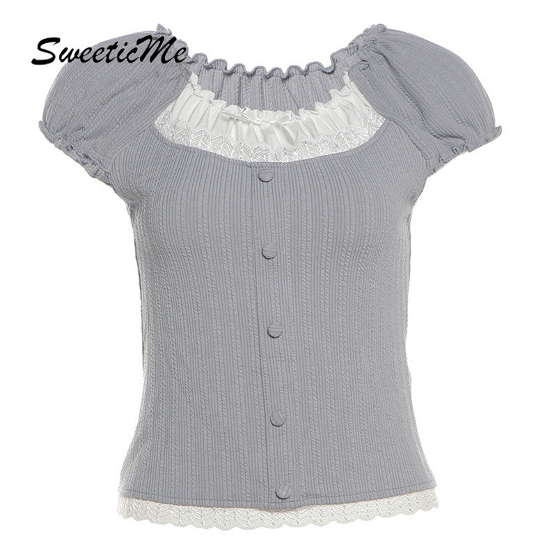 Sweeticme ของผู้หญิง 2024 แฟชั่นใหม่ขอบลูกไม้สลิมฟิตเสื้อถักโบว์แขนสั้น