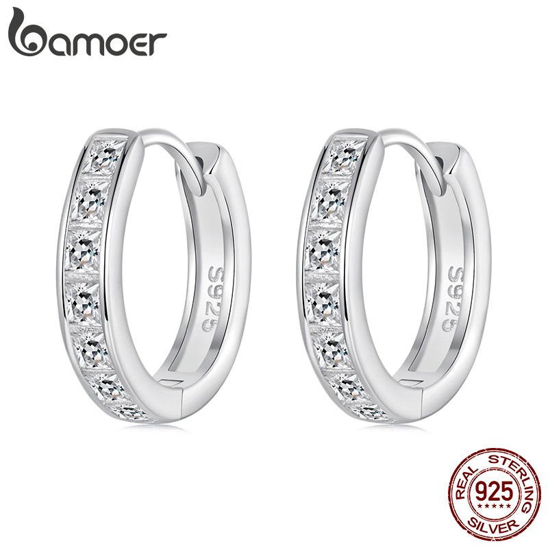 BAMOER บามอส ต่างหูเงินแท้ 925 สแควร์ประกายเครื่องประดับของขวัญสําหรับผู้หญิง