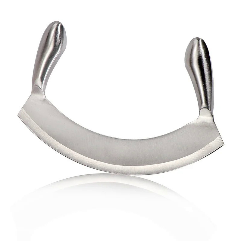 8.5 Inch Stainless Steel Mezzaluna Knife Pizza Cutter Fruit Vegetable Salad Chopper Dicer With Curve