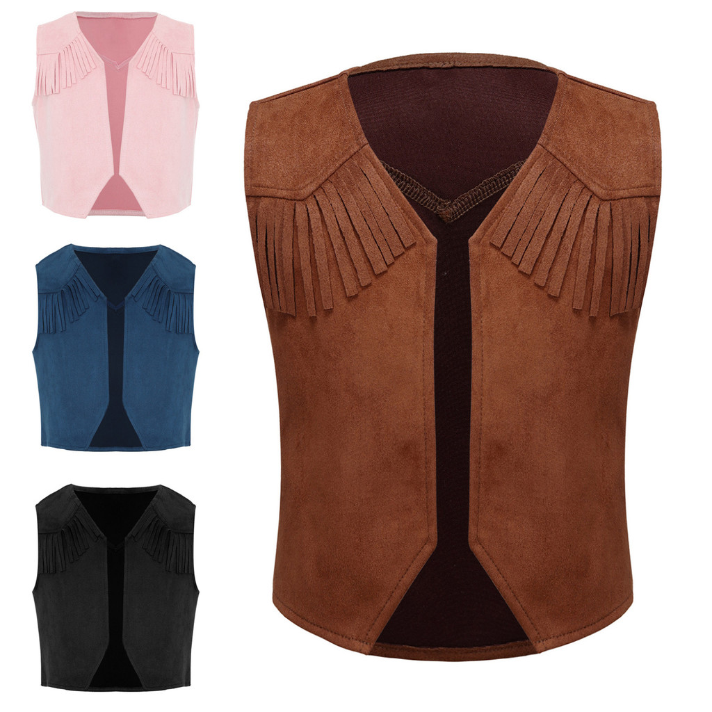 เด็กคาวบอยตะวันตก Cowgirl เสื้อกั๊กชี้ Hem Fringe ตกแต่งเปิดด้านหน้า Vintage เสื้อกั๊กเสื้อเด็กฮาโลวีน Carnival Theme Party Dress Up