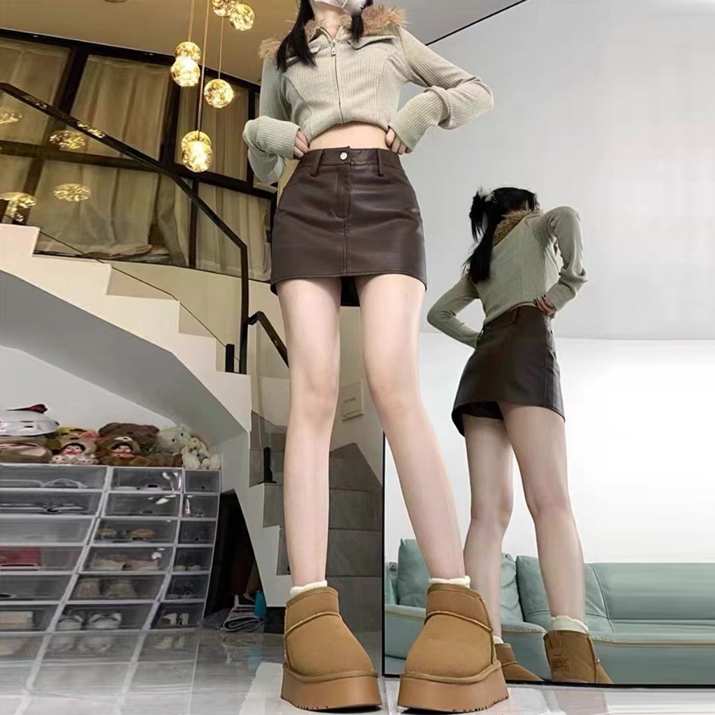 กระโปรงหนัง PU สั้น เอวสูง สไตล์ A-line สำหรับฤดูหนาว ใหม่ล่าสุด - รูปที่ 2