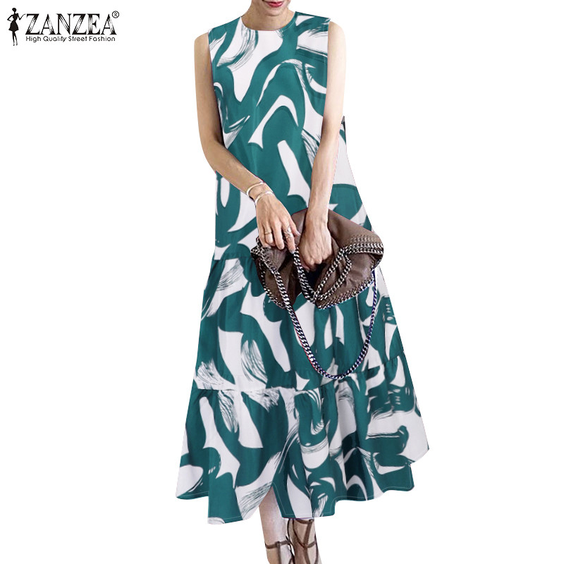 ZANZEA ซานเซีย ผู้หญิงลําลองแขนกุด โอ-คอผิดปกติดอกไม้เย็บปะติดปะต่อกันชุดยาว