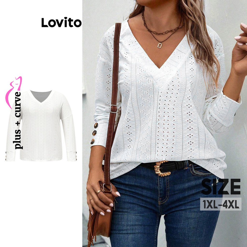 Lovito เสื้อยืดสาวอวบ ผ้าแจ็คการ์ด แขนแต่งกระดุม สีพื้น สไตล์ลำลอง LBL14570