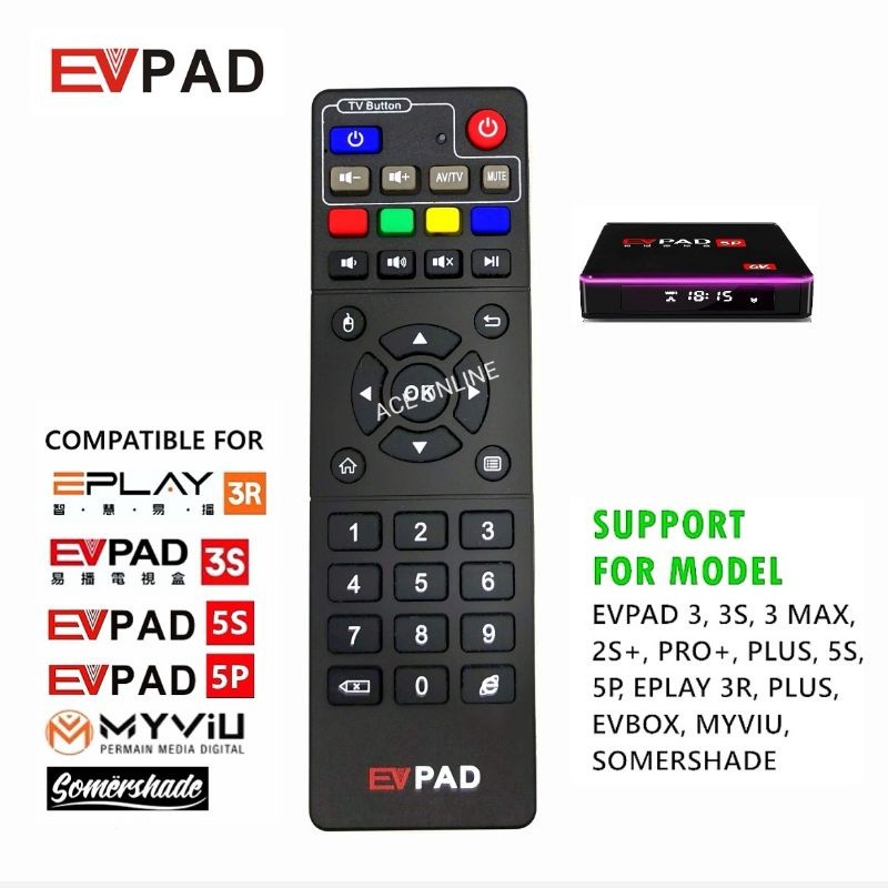 EVPAD รีโมทคอนโทรลทีวีเข้ากันได้กับ EPLAY 3R/ EVPAD 3S/MY/5S/5P เครื่องเล่นทีวี