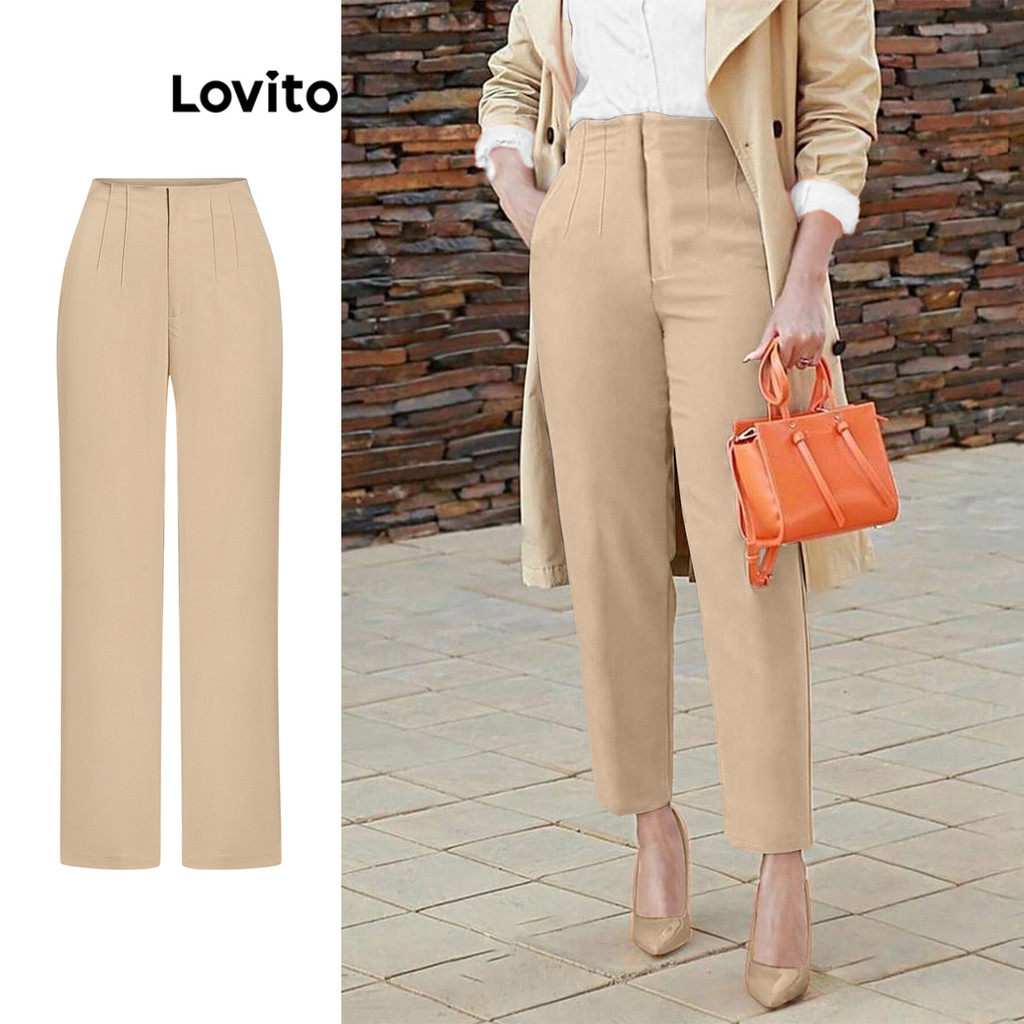 Lovito กางเกงซิปธรรมดาหรูหราสำหรับผู้หญิง L105MD069
